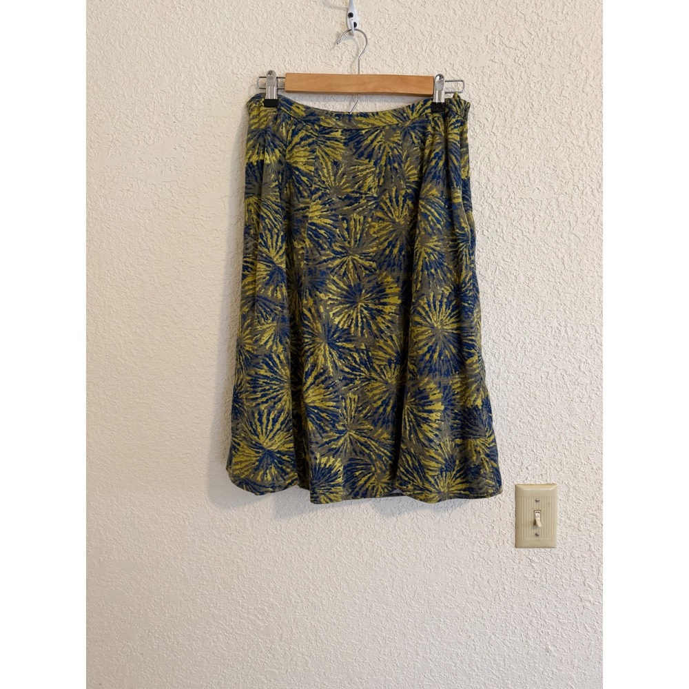 Coldwater Creek Womens A-Line Midi Skirt Blue Yellow Sunburst Linen Blend Size 8